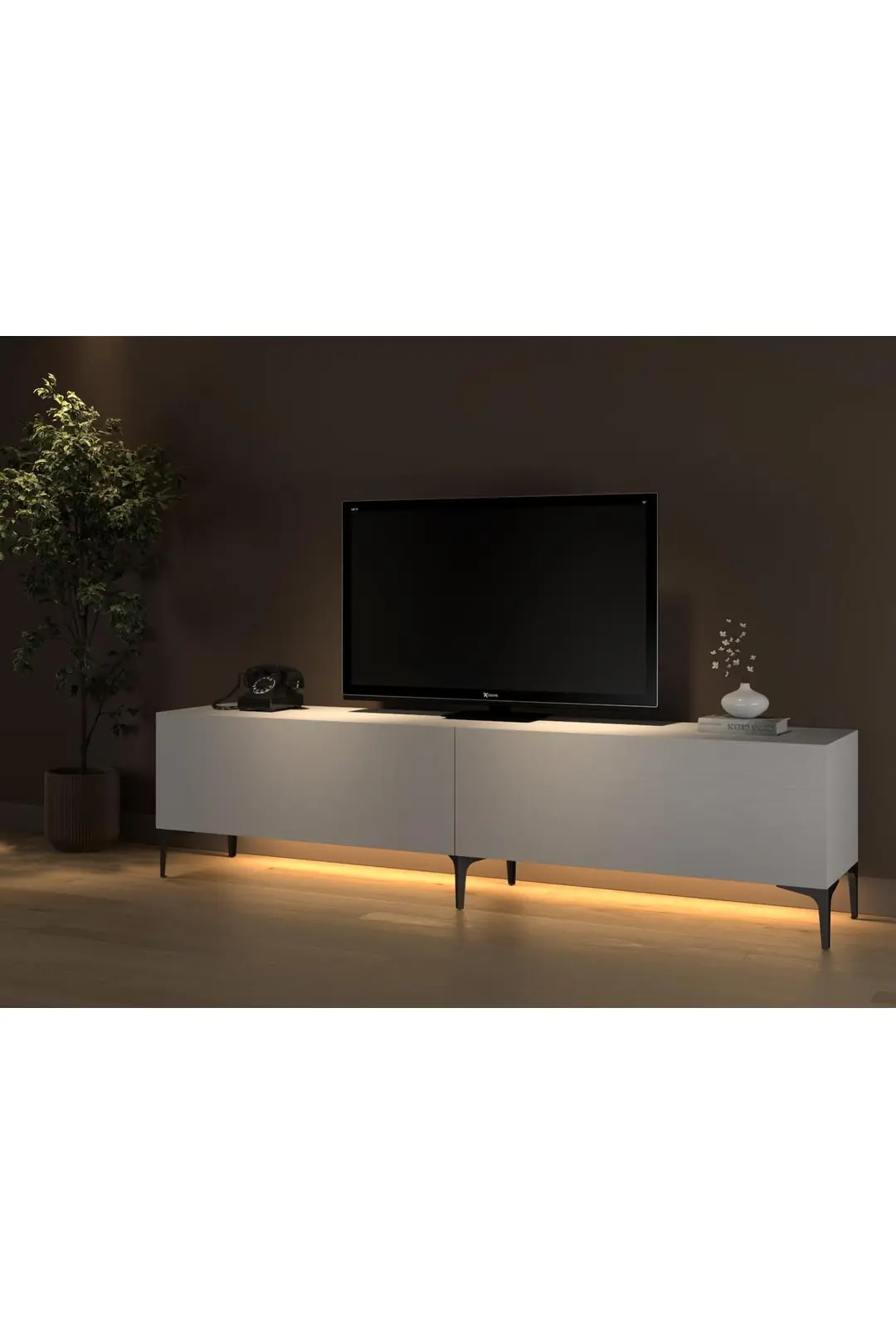 Napoli 200 Cm Led Işıklı Geniş Dolaplı Minifiksli Tv Ünitesi - Tv Sehpası - Beyaz
